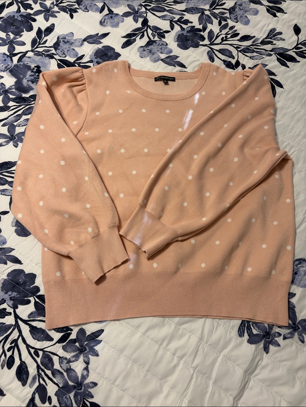 Adrianna Papell Peach Polka-Dot Puff Sleeve Crewneck Sweater